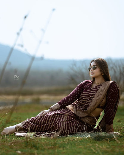 Wine Maroon Banarasi Stripe Saree with Antique Gold Zari Border