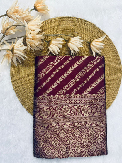 Wine Maroon Banarasi Stripe Saree with Antique Gold Zari Border
