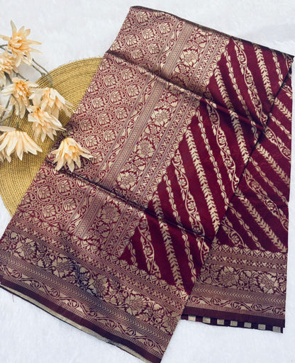 Wine Maroon Banarasi Stripe Saree with Antique Gold Zari Border