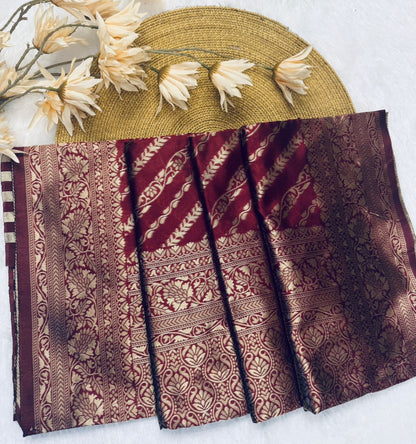 Wine Maroon Banarasi Stripe Saree with Antique Gold Zari Border