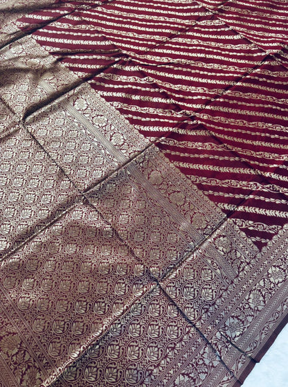 Wine Maroon Banarasi Stripe Saree with Antique Gold Zari Border