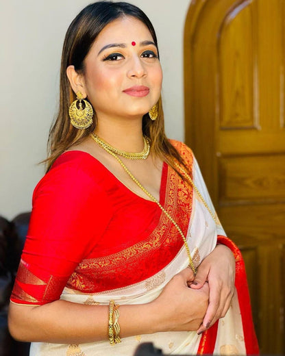 Classic White Banarasi Soft Silk Saree with Red Zari Border and Golden Butta Weaving