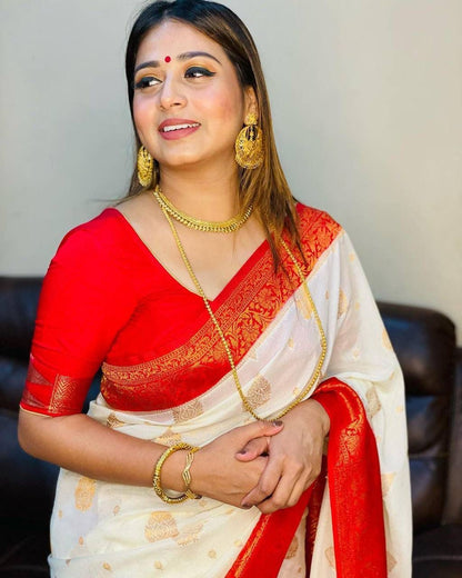 Classic White Banarasi Soft Silk Saree with Red Zari Border and Golden Butta Weaving