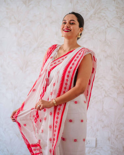 White & Red Handwoven Soft Cotton Saree