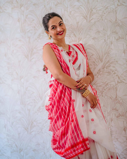 White & Red Handwoven Soft Cotton Saree