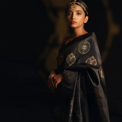 Black & Lime Green Contrast Soft Silk Saree