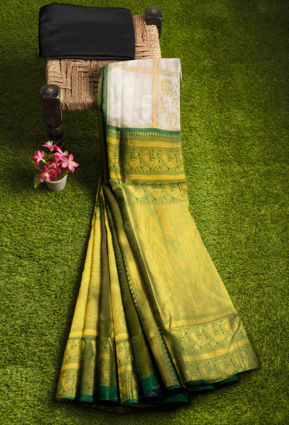 White & Green Banarasi Silk Saree with Rich Zari Border