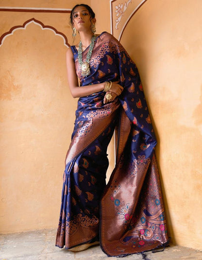 Royal Blue Banarasi Silk Saree with Copper Zari Weaving