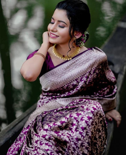 Plum Purple Banarasi Soft Silk Saree with Rich Zari Weaving