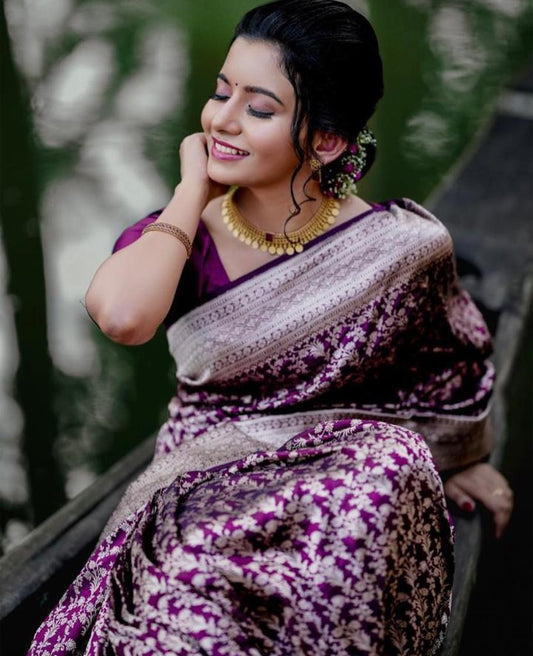 Plum Purple Banarasi Soft Silk Saree with Rich Zari Weaving