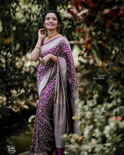 Plum Purple Banarasi Soft Silk Saree with Rich Zari Weaving