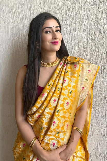 Golden Yellow Banarasi Soft Silk Saree with Floral Zari Weaving