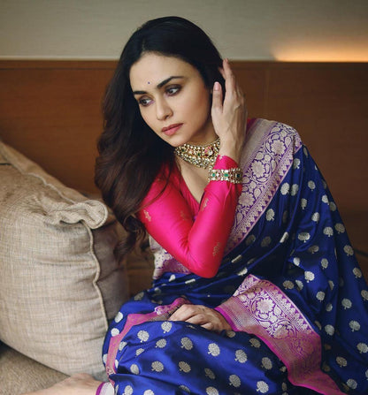Navy Blue Banarasi Soft Silk Saree with Pink Zari Border