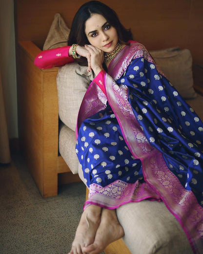 Navy Blue Banarasi Soft Silk Saree with Pink Zari Border