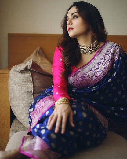 Navy Blue Banarasi Soft Silk Saree with Pink Zari Border