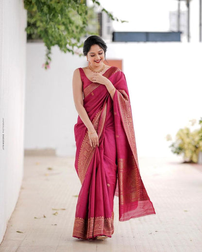 Magenta Pink Banarasi Soft Silk Saree with Gold Zari Border