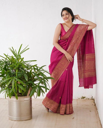 Magenta Pink Banarasi Soft Silk Saree with Gold Zari Border