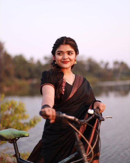 Black Banarasi Soft Silk Saree with Antique Copper Zari Border