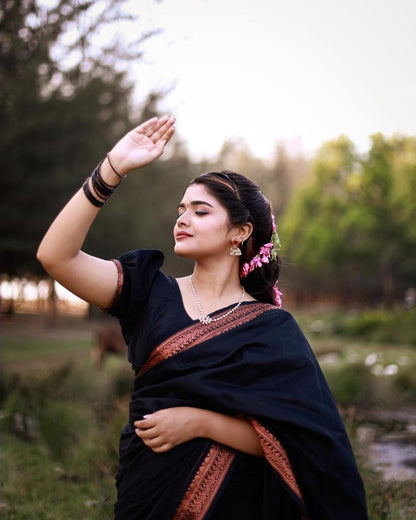Black Banarasi Soft Silk Saree with Antique Copper Zari Border