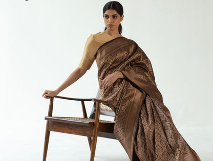 Copper Brown Banarasi Soft Silk Saree with All-Over Zari Weaving