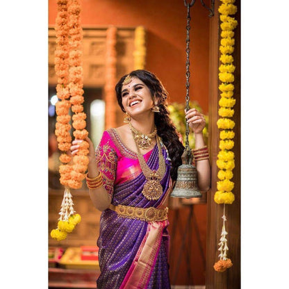 Purple and Pink Banarasi Soft Silk Saree with Rich Golden Zari Weaving and Contrast Border