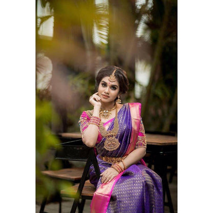 Purple and Pink Banarasi Soft Silk Saree with Rich Golden Zari Weaving and Contrast Border