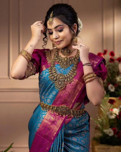 Blue and Magenta Banarasi Soft Silk Saree with Golden Zari Weaving and Contrast Border