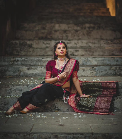 Black and Maroon Banarasi Soft Silk Saree with Golden Zari Border and Rich Pallu
