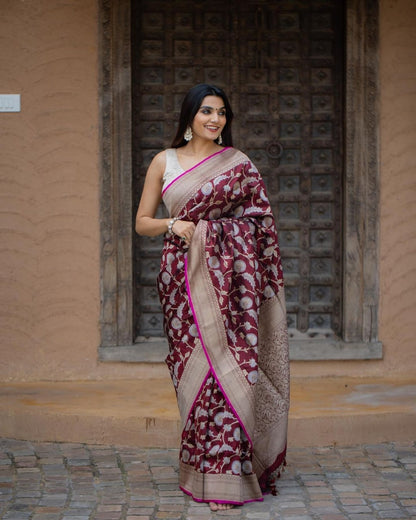 Maroon Banarasi Soft Silk Saree with Gold Zari Floral Weaving and Contrast Border