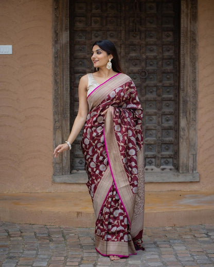 Maroon Banarasi Soft Silk Saree with Gold Zari Floral Weaving and Contrast Border