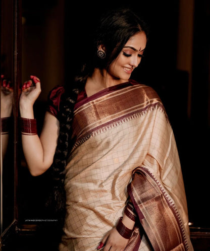 Cream and Maroon Banarasi Soft Silk Saree with Checked Zari Weaving and Contrast Border