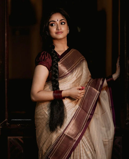 Cream and Maroon Banarasi Soft Silk Saree with Checked Zari Weaving and Contrast Border