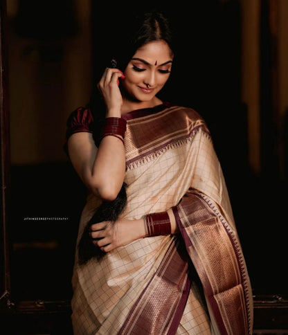 Cream and Maroon Banarasi Soft Silk Saree with Checked Zari Weaving and Contrast Border