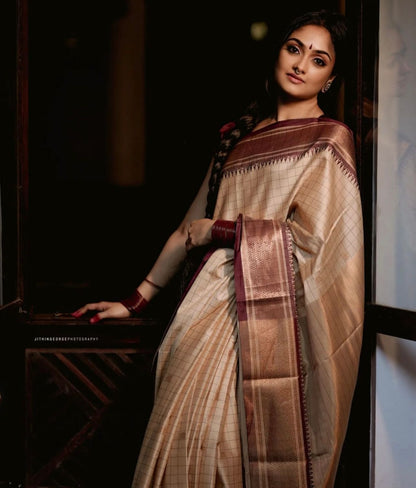 Cream and Maroon Banarasi Soft Silk Saree with Checked Zari Weaving and Contrast Border