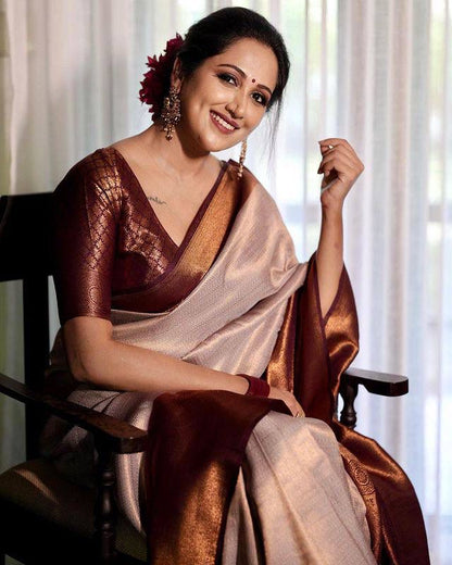Golden Beige and Coffee Brown Banarasi Soft Silk Saree with Plain Zari Border and Glossy Finish