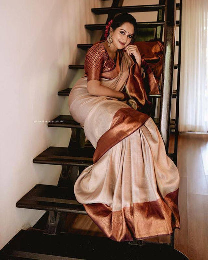 Golden Beige and Coffee Brown Banarasi Soft Silk Saree with Plain Zari Border and Glossy Finish