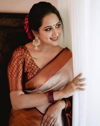 Golden Beige and Coffee Brown Banarasi Soft Silk Saree with Plain Zari Border and Glossy Finish