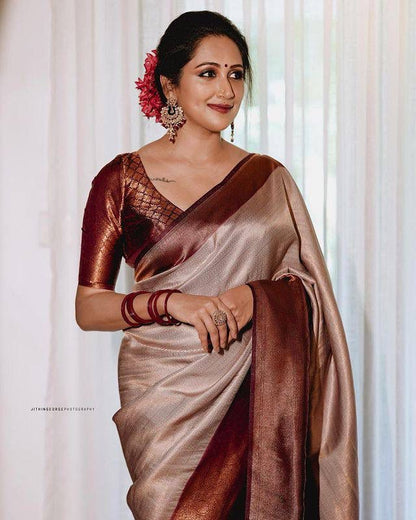 Golden Beige and Coffee Brown Banarasi Soft Silk Saree with Plain Zari Border and Glossy Finish