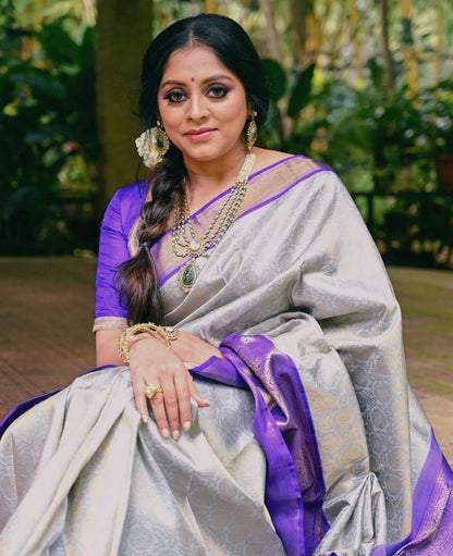 Silver and Royal Blue Banarasi Soft Silk Saree with Zari Weaving and Rich Contrast Pallu
