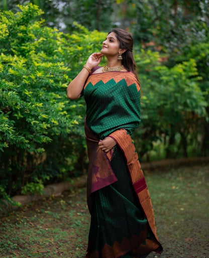 Emerald Green Banarasi Soft Silk Saree with Maroon Copper Zari Border and Traditional Butta Weaving