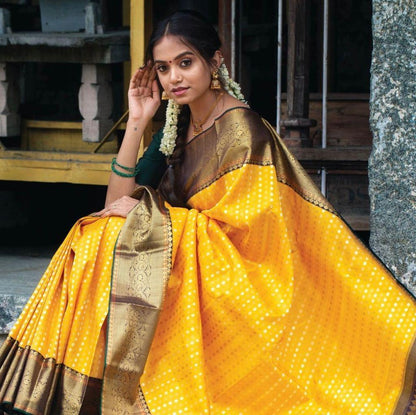 Golden Yellow Banarasi Soft Silk Saree with Antique Brown Zari Border and Rich Pallu