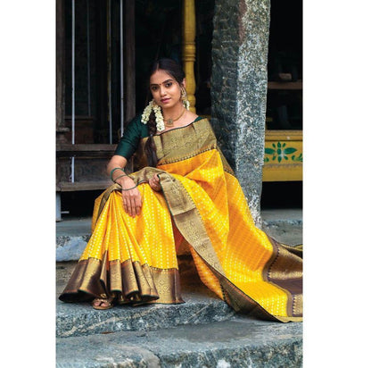 Golden Yellow Banarasi Soft Silk Saree with Antique Brown Zari Border and Rich Pallu