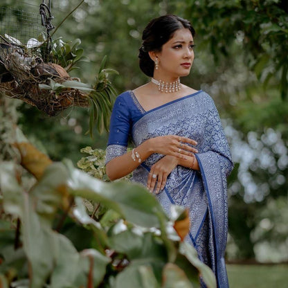 Midnight Blue Banarasi Soft Silk Saree with Silver Zari Weaving and Rich Pallu