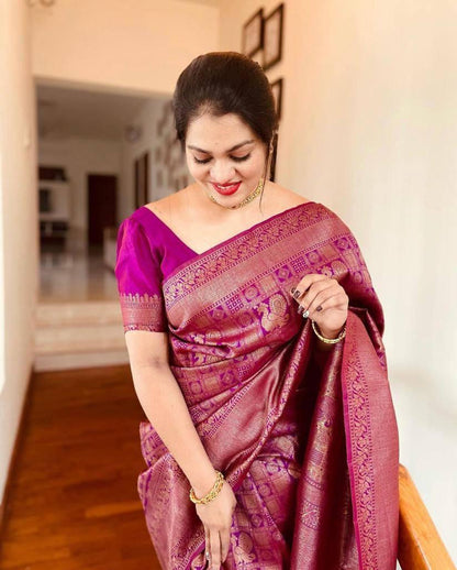 Magenta Banarasi Soft Silk Saree with Copper Zari Weaving and Rich Pallu