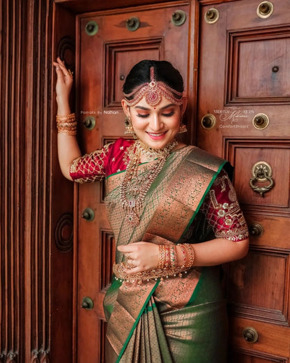 Olive Green Banarasi Soft Silk Saree with Copper Zari Border and Rich Traditional Weaving
