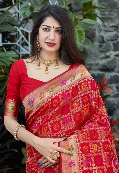 Red Banarasi Soft Silk Saree with Multicolor Meenakari Weaving and Rich Zari Pallu