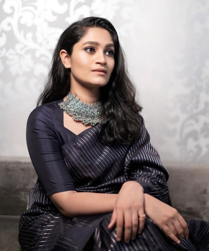 Charcoal Black Banarasi Soft Silk Saree with Silver Zari Line Weaving