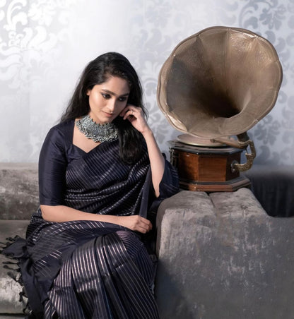 Charcoal Black Banarasi Soft Silk Saree with Silver Zari Line Weaving