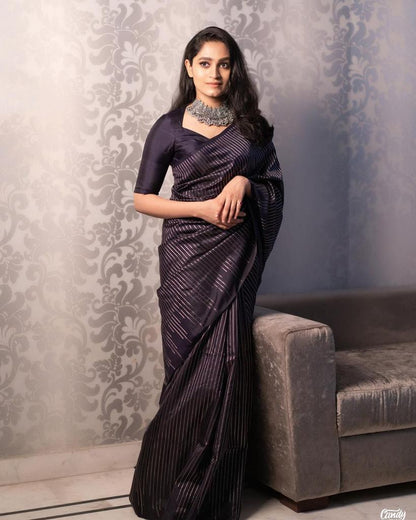Charcoal Black Banarasi Soft Silk Saree with Silver Zari Line Weaving