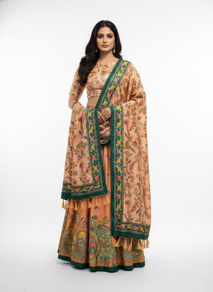 Peach Dola Silk Digital Print Lehenga Choli with Designer Floral Dupatta | Traditional Wedding & Festive Wear
